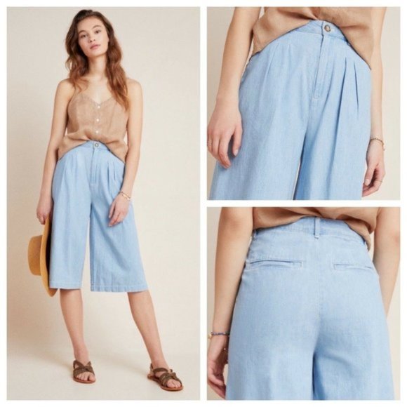 Anthropologie Pilcro & the Letterpress Wide Leg Crop Mina Chambray Culot… - Picture 1 of 6